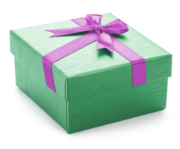 istock Green gift box with purple satin bow, top view, isolated on white background. File contains clipping path. 2187346125