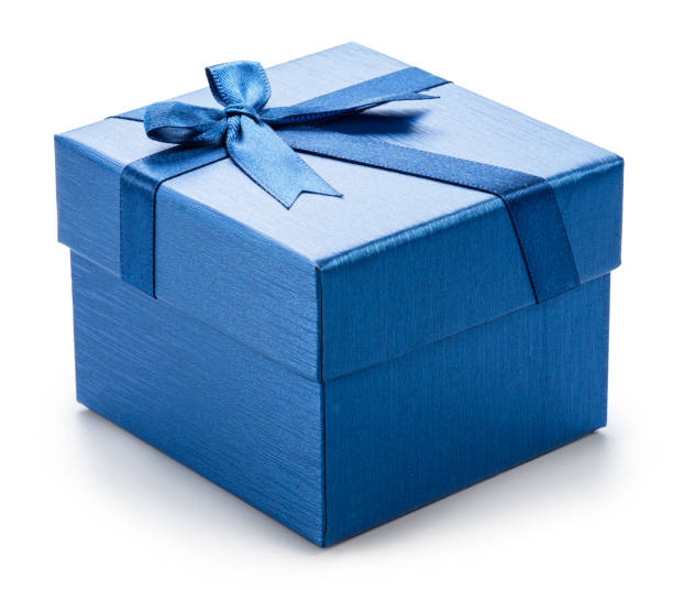 istock Blue gift box with satin bow, top view, isolated on white background. File contains clipping path. 2187346137