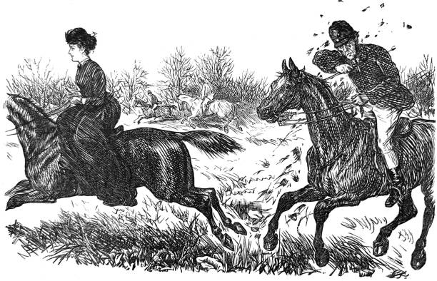 istock British satire comic cartoon caricatures illustrations - woman and man riding horses - dirt flies at man 2187352436