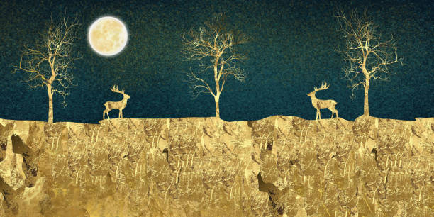 3d illustration night landscape. golden tree and deer with moon. artwork wallpaper decoration art