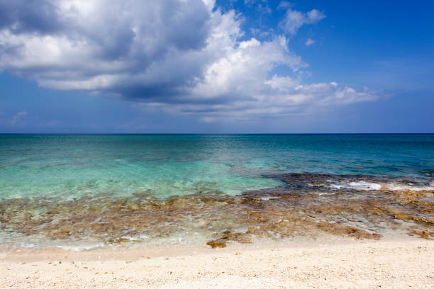 The scenic view of Seven Mile Beach rocky shore on Grand Cayman island (Cayman Islands).