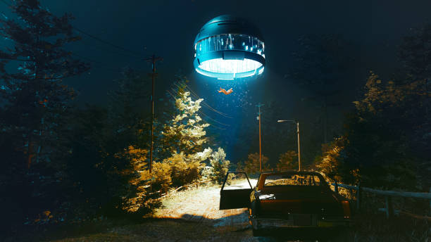 Thrilling Sci-Fi Scene With Mysterious UFO Abduction in Forest stock photo
