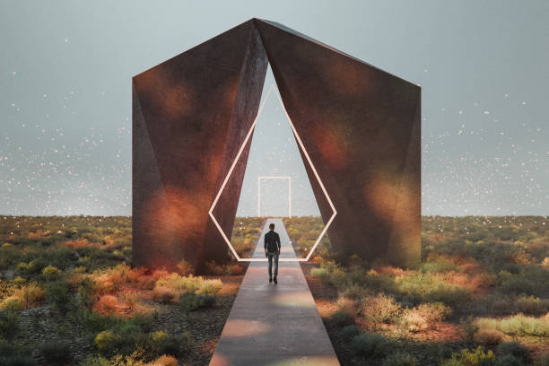 Young man walking in fantasy landscape