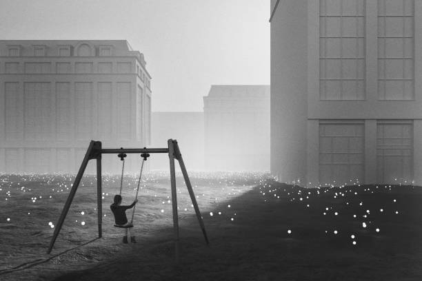 Young kid on a swing imagining things on the playground. 3D generated image.
