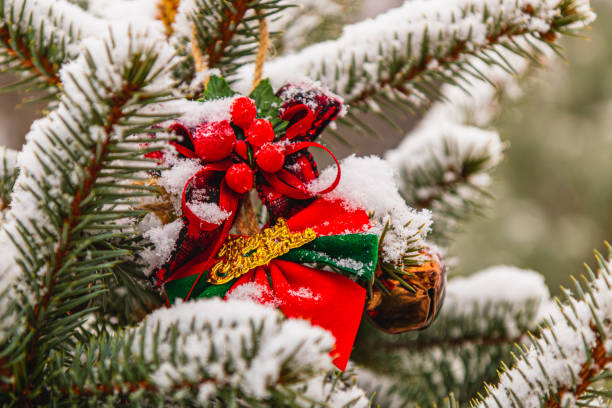 Christmas tree decorated with decorations Merry Christmas inscription on the bow High quality photo.