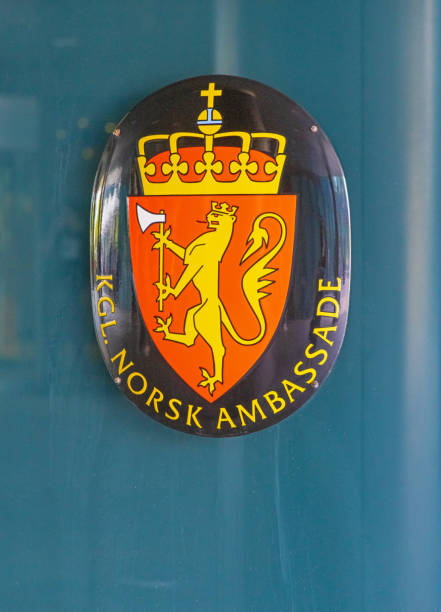 Belgrade, Serbia - June 19, 2023: National Coat of Arms at Embassy of the Norway Glass Building at Milentija Popovica Street in Capital City.