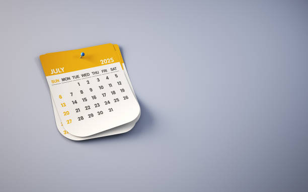 istock Yellow July 2025 Calendar and Blue Pushpin on Soft Lilac Colored Background, Blue Pushpin Pinned 2187365532