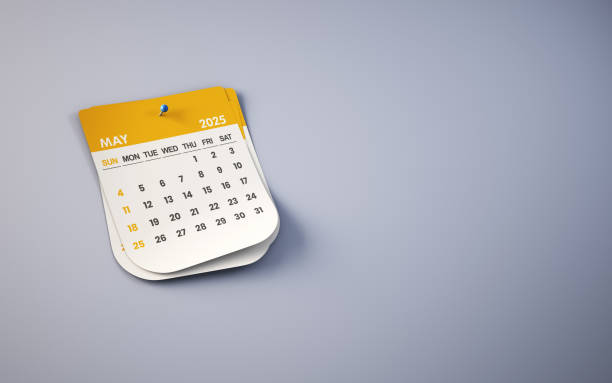 istock Yellow May 2025 Calendar and Blue Pushpin on Soft Lilac Colored Background, Blue Pushpin Pinned 2187365557