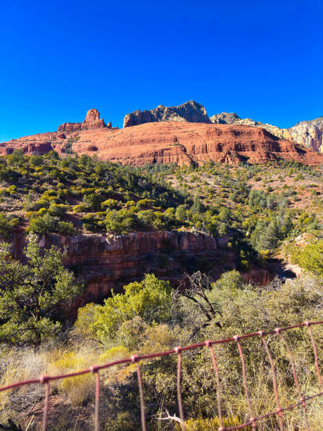 Sedona, AZ: View of Red Rock Cliff, Gorge, Fence