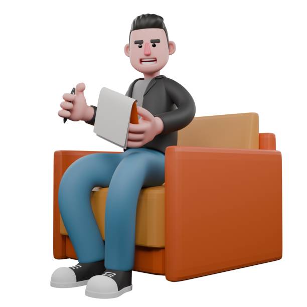 istock Screenwriter 3D Cartoon Model Design. A male screenwriter sits on a sofa with his right hand holding a pen while his left hand is holding a clipboard. Screenwriter Illustration Design 2187379591