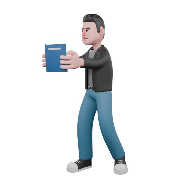 istock Screenwriter 3D Cartoon Model Design. A male screenwriter walks to the right with both hands holding a book, focused expression. 3D Design 2187379680