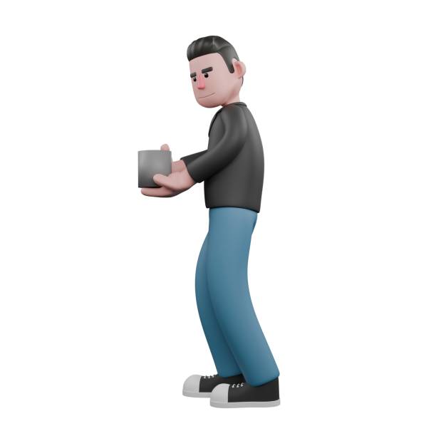 istock Creative 3D Model. A male screenwriter stands facing the right with both hands holding a cup of coffee. Artistic Illustration 2187379918