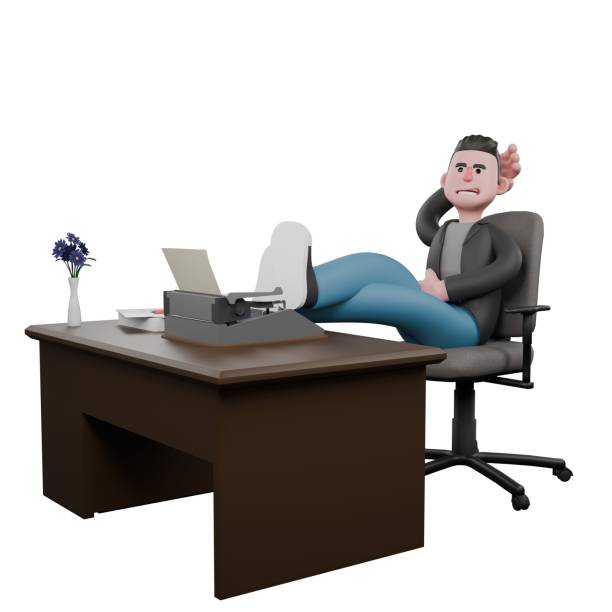 istock Creative 3D Model. A male screenwriter sits on a chair with his legs crossed on a table, one hand behind his head. Model Design 2187389451