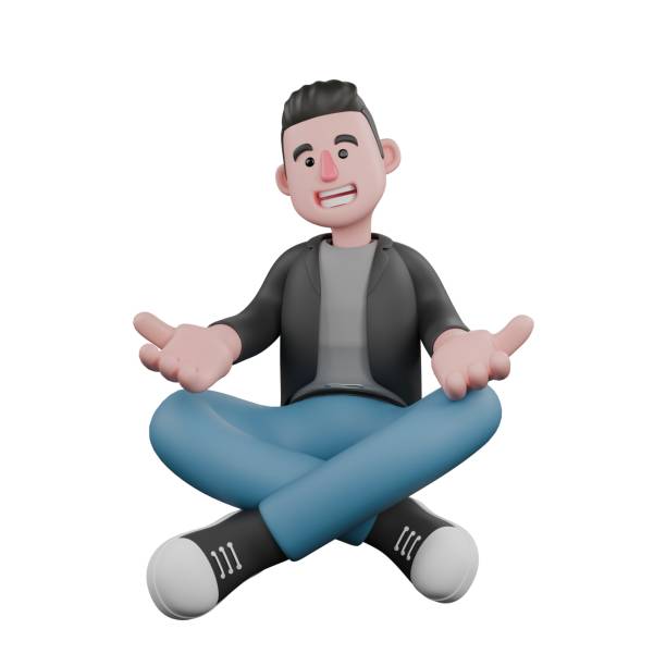 istock Cartoon 3D Artistic Model. A male screenwriter sits cross-legged with both hands open on his knees. Creative 3D Model 2187390135