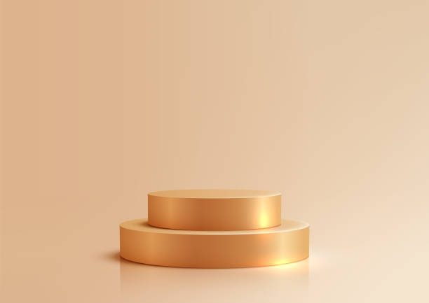 istock Golden 3D Two Tiered Podium on a Beige Background with Soft Lighting, Minimal Luxury Mockup Design 2187392638