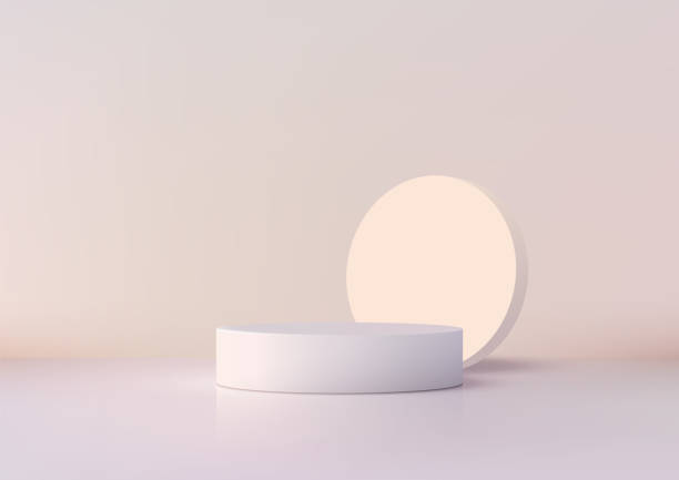 istock 3D White Cylinder Podium with Glowing Peach Circle Background for Modern Product Display and Mockup Showcase 2187392644