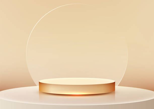 istock 3D golden podium with glowing light and transparent circular on a white platform against a beige background for luxury mockup or product display 2187392646