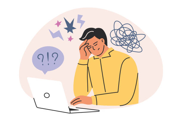 istock Burnout concept vector illustration. Cartoon man with stress, overwork, and frustration at computer. Flat doodle style, emotional crisis, workplace mental health, anxiety, and pressure icon 2187393070