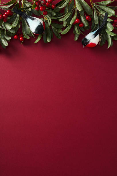 istock Christmas vertical background with holly berries, greenery and decorative birds on red table. Top view. 2187395952