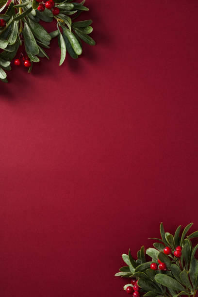 istock Christmas frame with vibrant holly berries on a rich red background 2187396006