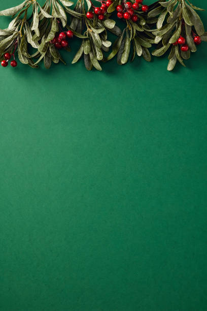 istock Christmas green background with holly and red berries. Flat lay, top view, copy space 2187396142