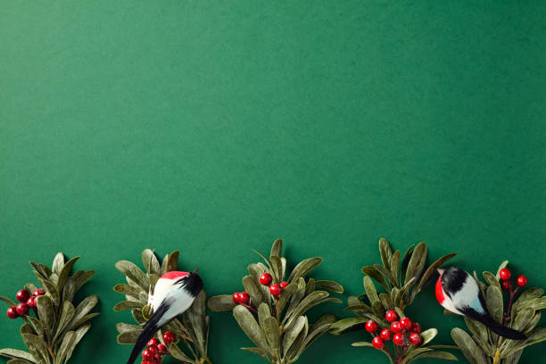 istock Minimalist Christmas background with holly and birds. Flat lay, top view, copy space. 2187396162