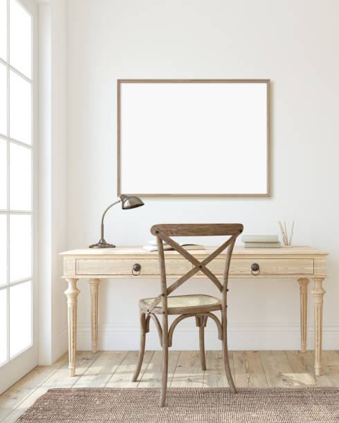 istock Romantic interior of home office. Poster mockup. 3d render. 2187396453