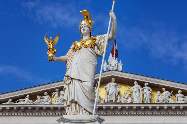 Sculpture of Athena, the Greek goddess of wisdom,outside the Austrian Parliament Building in Vienna, Austria