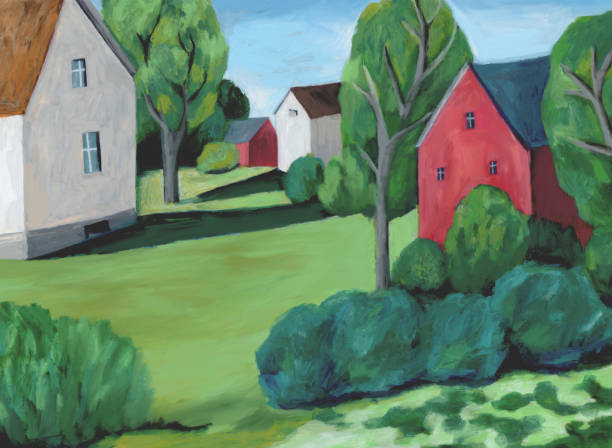 istock Landscape painting with red and white houses 2187402124