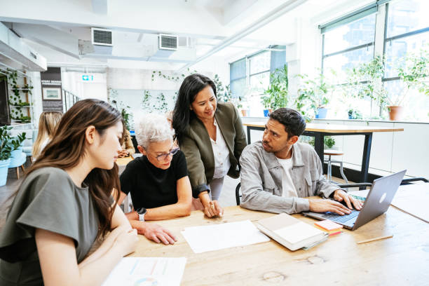 istock Multiethnic group of business people collaborates on a project at a modern office table surrounded by plants and natural light. Teamwork in modern office in Australia with indigineus people 2187411184