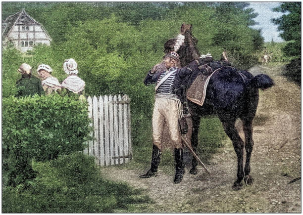 istock Antique painting illustration: Guard with horse 2187412103