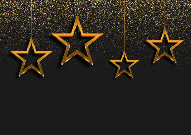 istock Christmas background with metallic gold hanging stars and confetti 2187415230