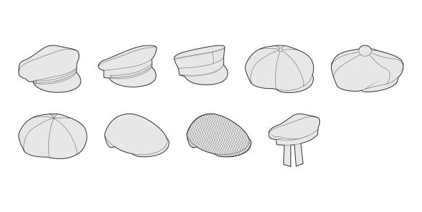 Set of Caps - Peaked Sailor Ascot, Ivy Baker Flat Tam o Shanter, Paperboy Beret Gatsby, Apple Newsboy. Hat Fashion Set of Caps - Peaked Sailor Ascot, Ivy Baker Flat Tam o Shanter, Paperboy Beret Gatsby, Apple Newsboy. Hat Fashion accessory clothing technical illustration. Vector headgear, flat template CAD mockup fashion designer logos images stock illustrations