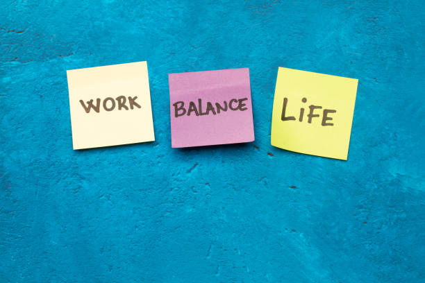 istock Work, balance and life single words handwritten on colored sticky papers on a blue background with copy space 2187430702