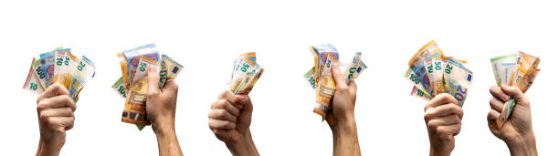 Variations of hands holding Euro banknotes isolated