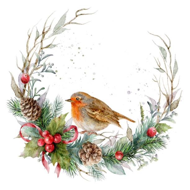istock Robin bird. Watercolor Christmas werath with red berries, pine cones, mistletoe leaves, herbs, red bow. Festive decor. 2187433335