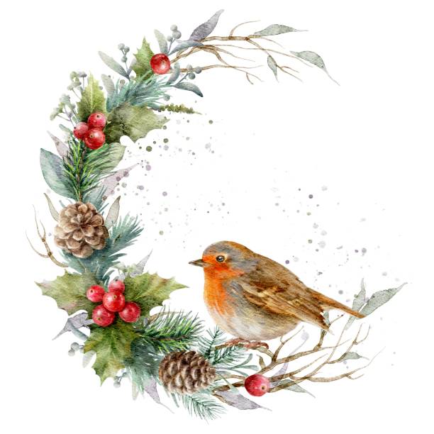 istock Robin bird. Watercolor Christmas werath with red berries, pine cones, mistletoe leaves, herbs. Festive decor. 2187433420