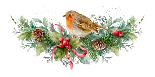 istock Robin bird. Watercolor garland with berries, fir branches, cones, herbs and red bow. Christmas decorative element. 2187433899