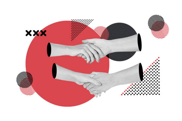 istock Women holding hands over a red circle on a geometric shapes background 2187434095