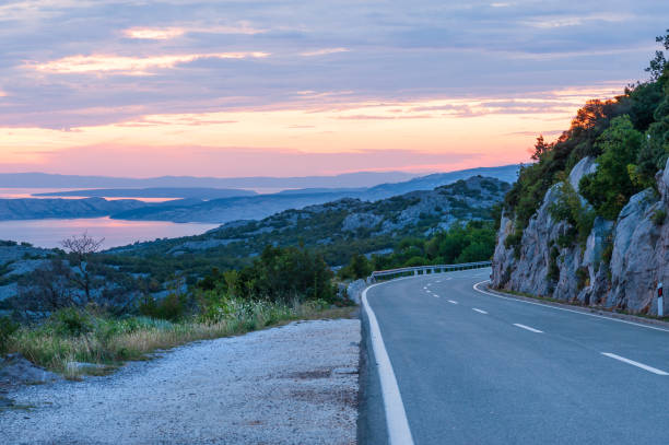 View from Hvar island on Biokovo mountain range at sunset (Croatia).