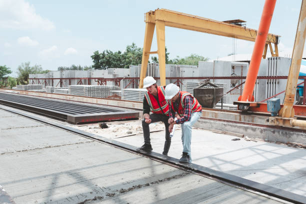 istock Engineer and foreman worker team checking project at precast factory site, Engineer and builders in hardhats discussing on construction site 2187437897