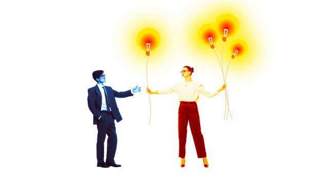 Business man and woman exchanging light bulb-shaped balloons, symbolizing teamwork, collaboration, sharing of innovative ideas. Contemporary art collage. Concept of business, leadership, achievement