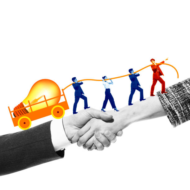 Businessman leading team pulling cart with glowing light bulb, symbolizing teamwork and innovation. Contemporary art collage. Concept of business, leadership, achievement. Collage made with two models