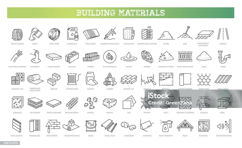Building materials icons. Linear icon collection - Royalty-free Pictogram vectorkunst Building materials icons. Linear icon collection - Royalty-free Pictogram vectorkunst
