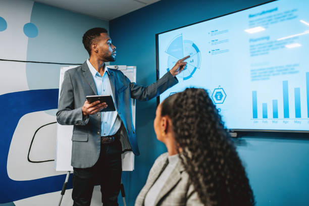 istock Businessman presenting results on TV 2187445730