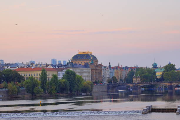 View of Prague from Charles Bridge (Karluv most) Landmark stone bridge in Prague Czech (Praha, Czechia)