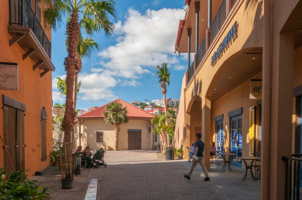 St. Thomas, U.S. Virgin Islands - January 2, 2018: A picturesque alley with palm trees and colorful buildings under a bright sky.