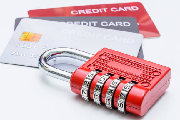 istock Financial or credit card security, identity theft prevention, and data protection : A red combination padlock placed over multiple credit cards, depicting themes of cybersecurity, fraud protection. 2187448596