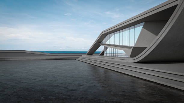 istock Abstract building with empty parking, concrete floor, and sea view. 2187448704