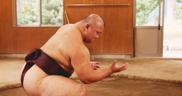 istock Man, training and exercise for sumo, fitness and wrestler with preparation, skill and technique in ring. Japanese athlete, fighter and sports in dohyo for culture, workout and wrestling with warm up 2187452388
